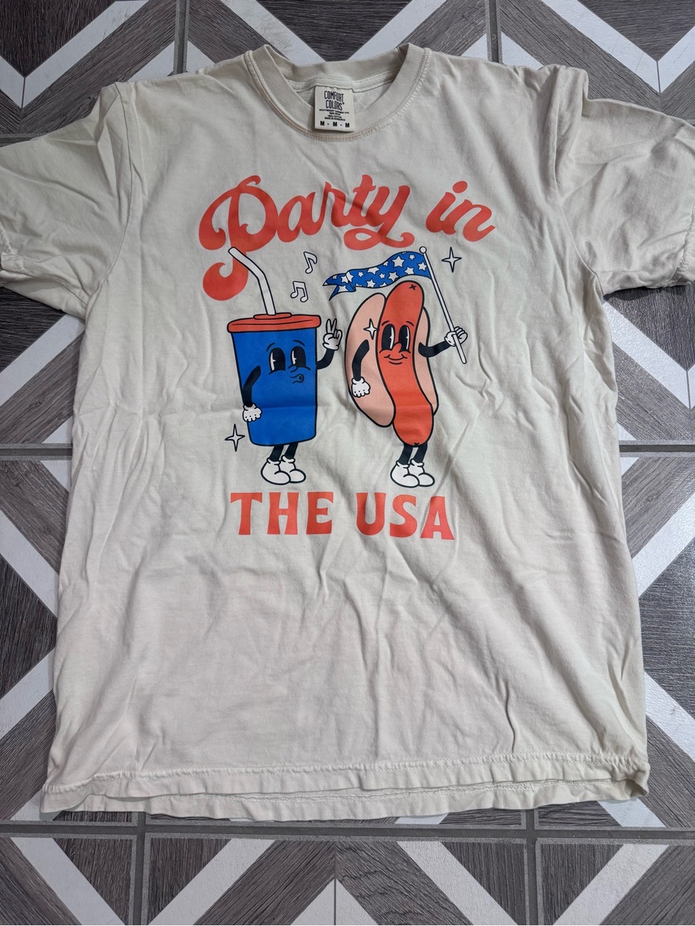 Comfort Colors Cream Women’s Tee with Red & Blue Graphic USA
